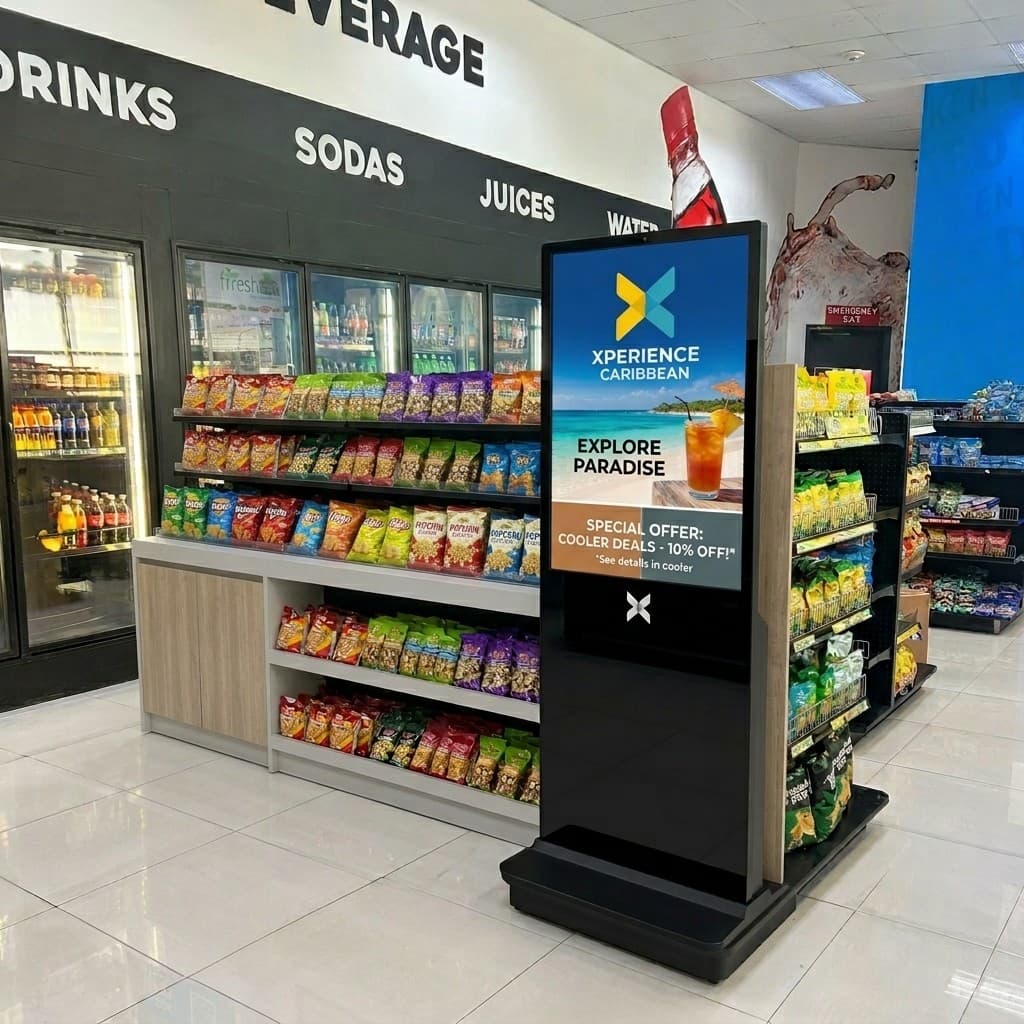 Xperience Caribbean digital screen advertising inside a retail store